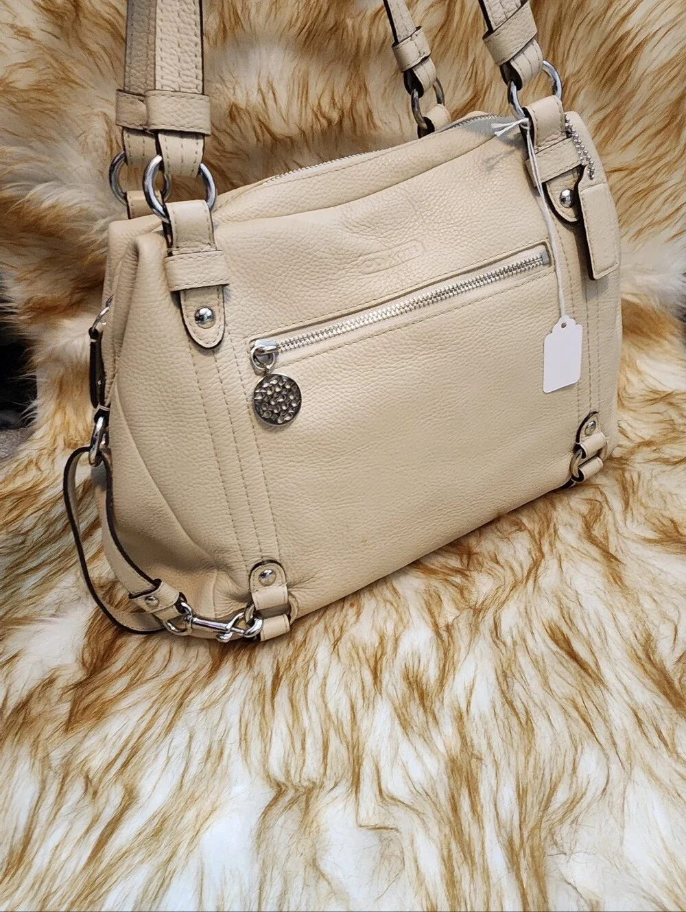 Coach Pebbled Leather Shoulder Bag in Light Beige